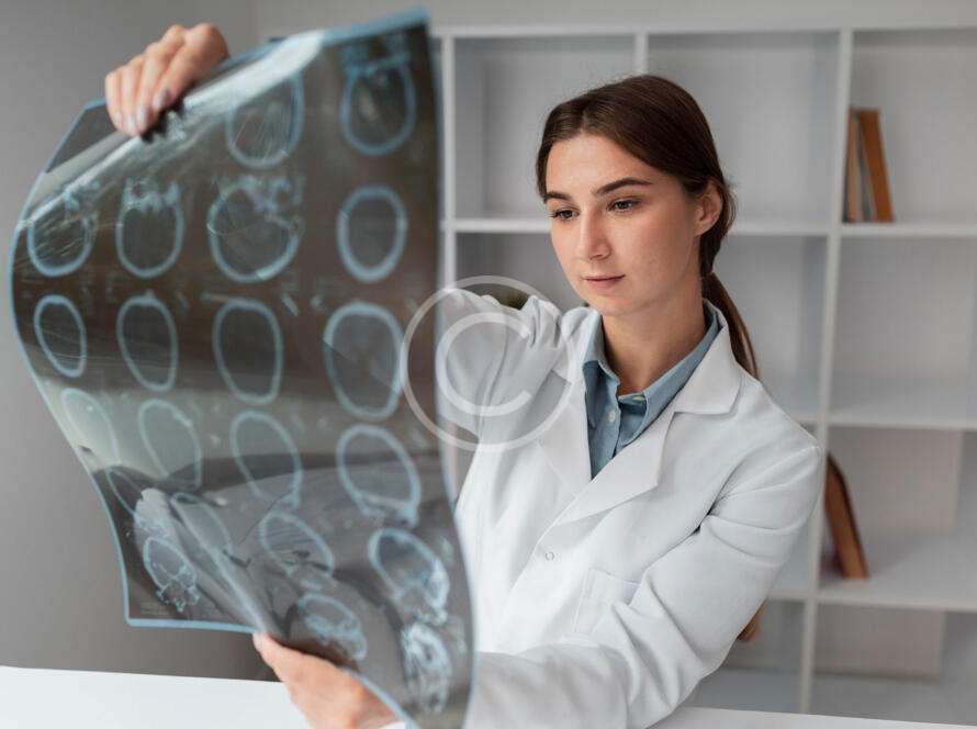Doctor analyzing skull X-ray scans