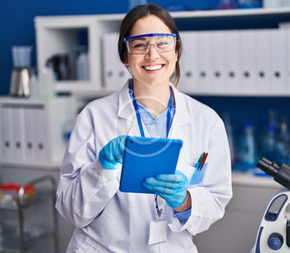 Female medical scientist smiling holding a tablet