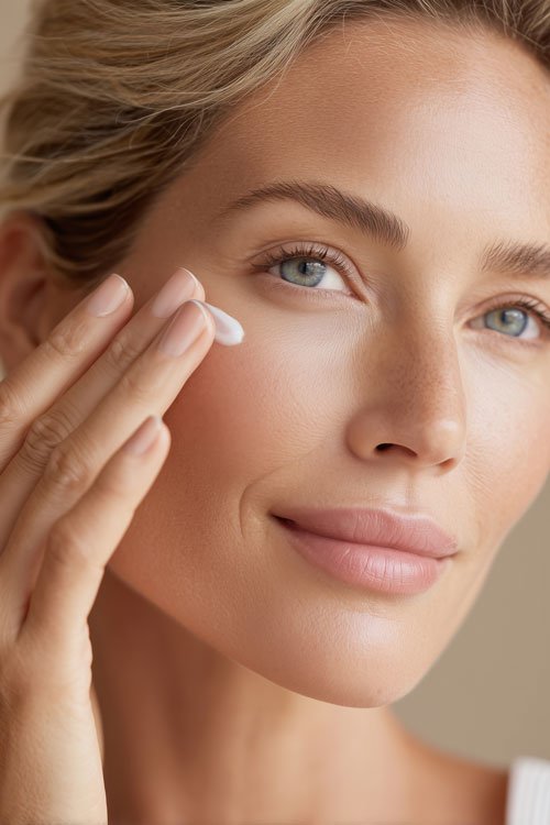 Woman applying face serum to her cheeks