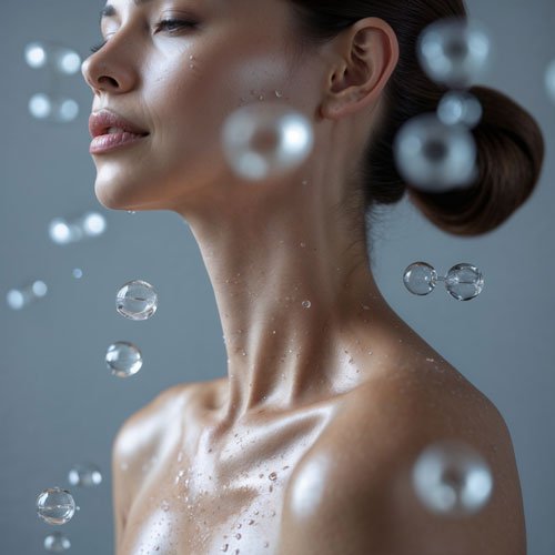 A woman with clear skin surround by bubbles