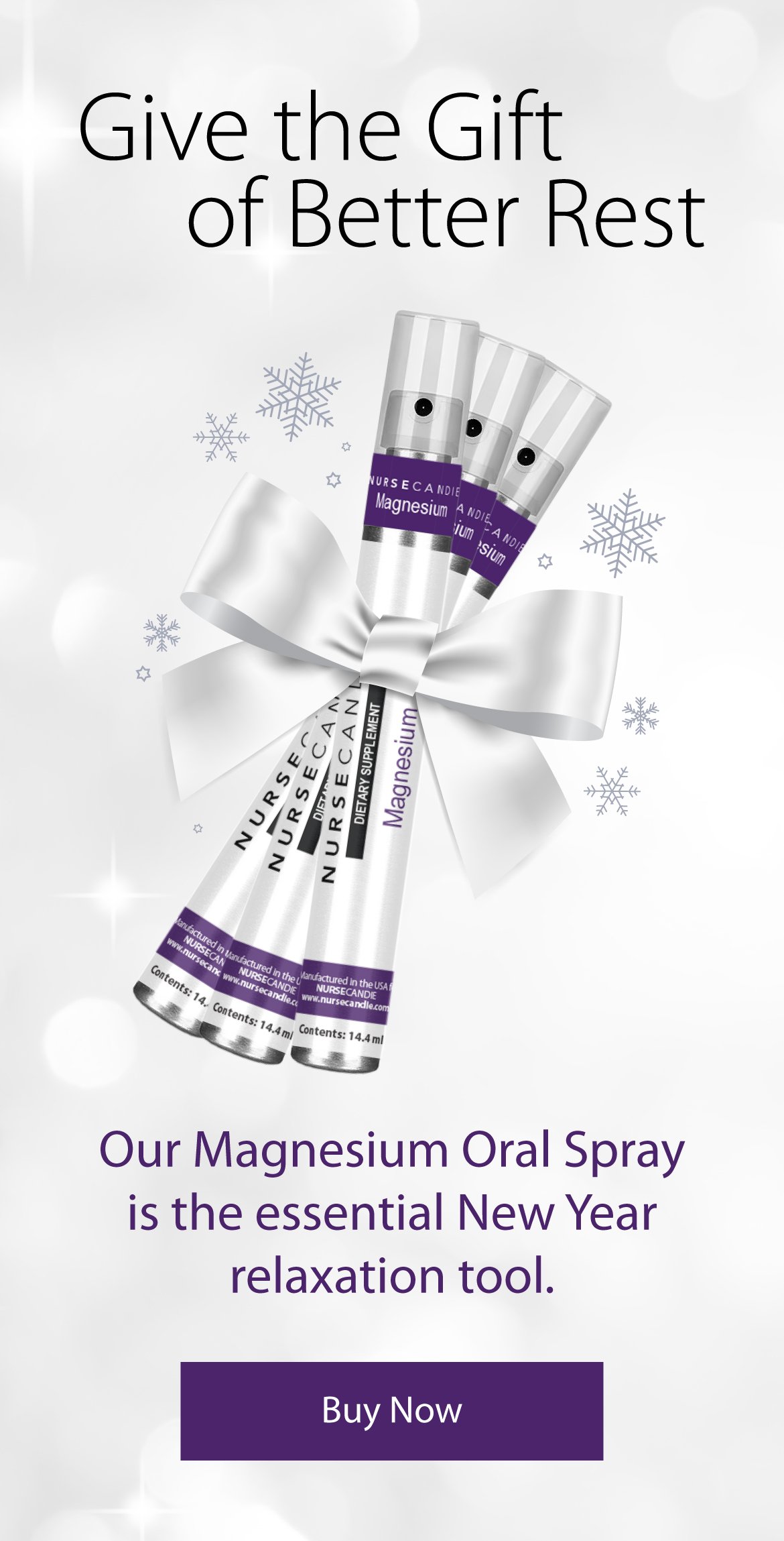 Nurse Candie magnesium spray bottles tied with ribbon and snowflakes